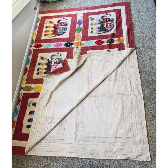 Vintage Handmade Indian Kantha quilt king size Elephant Patchwork Boho Bedspread - Picture 4 of 15